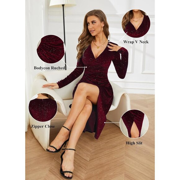 Luxurious Wine Velvet Party Dress - V Neck Long Sleeve & Glitter Detail - Picture 5 of 6